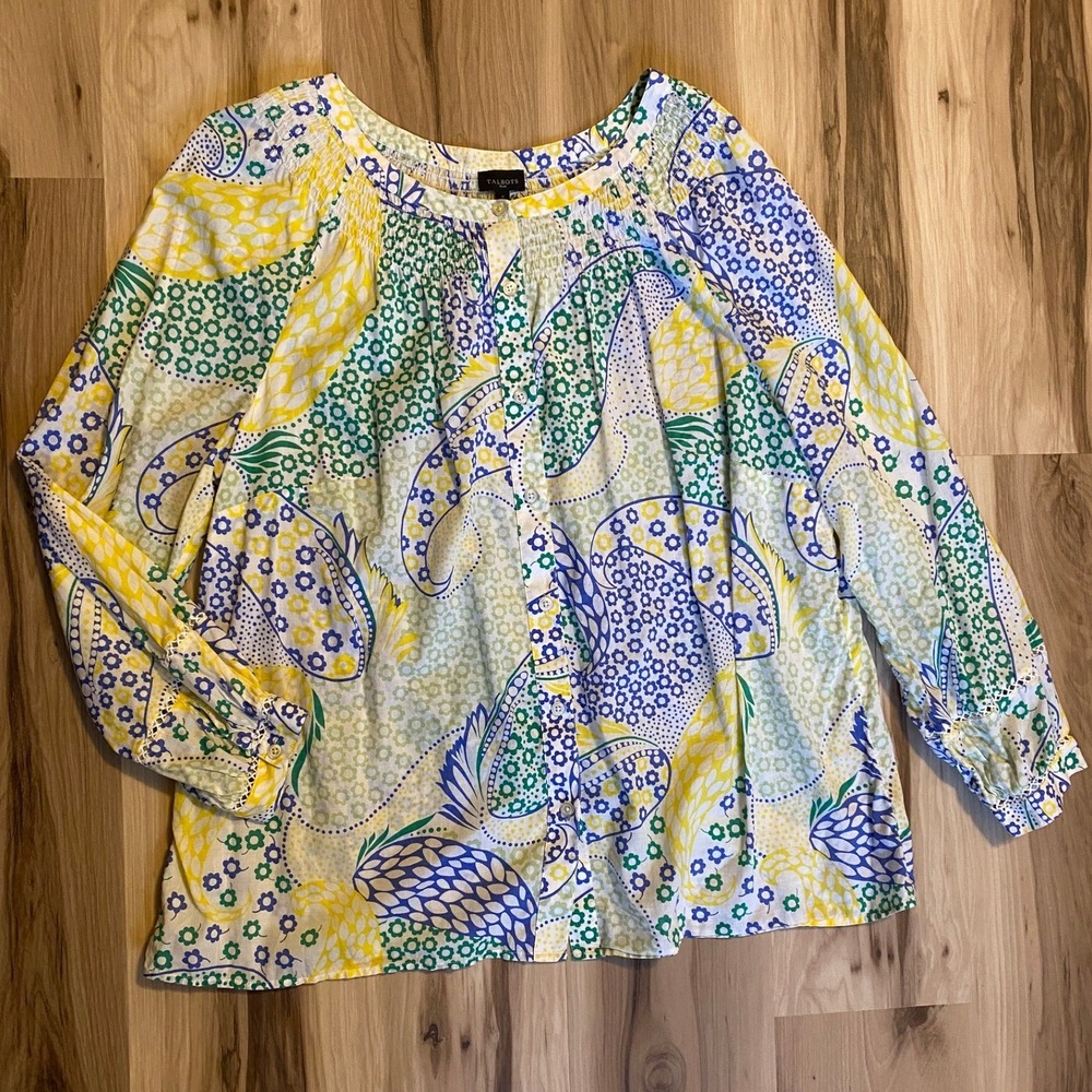 Talbots Plus Womens X‎ Yellow Blue Paisley Floral Cotton Smocked Button Blouse